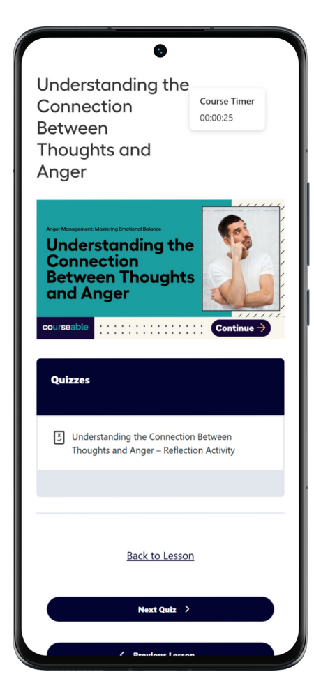 The Courseable class player showing an anger management lesson and quiz on a phone
