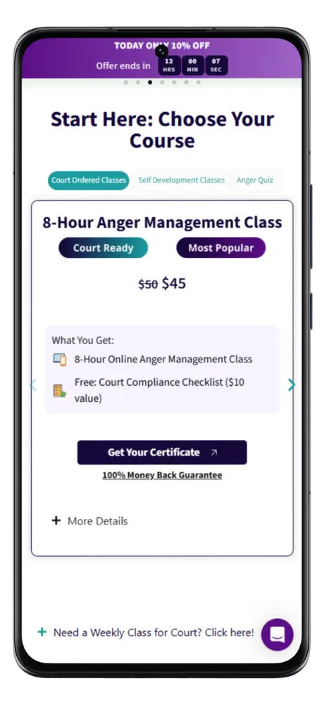 Courseable course selector showing an 8-hour anger management class on a phone