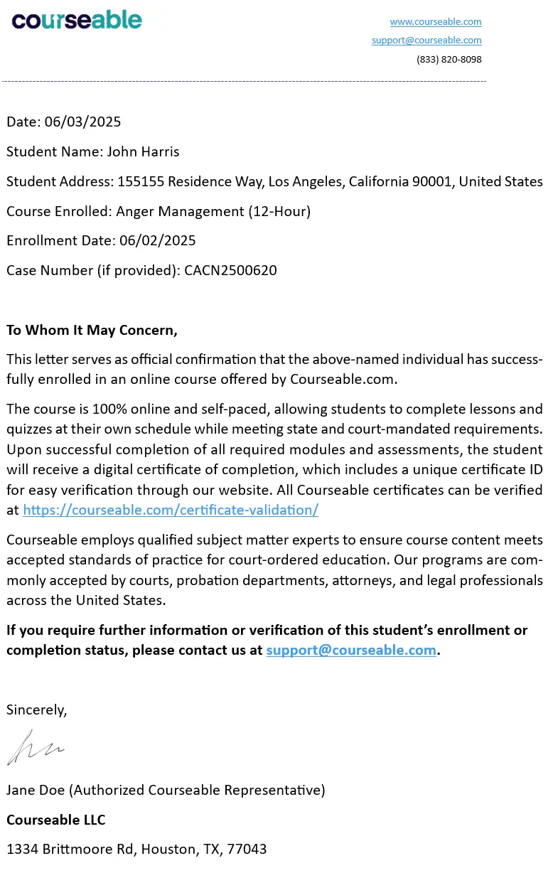 Official Courseable enrollment confirmation letter